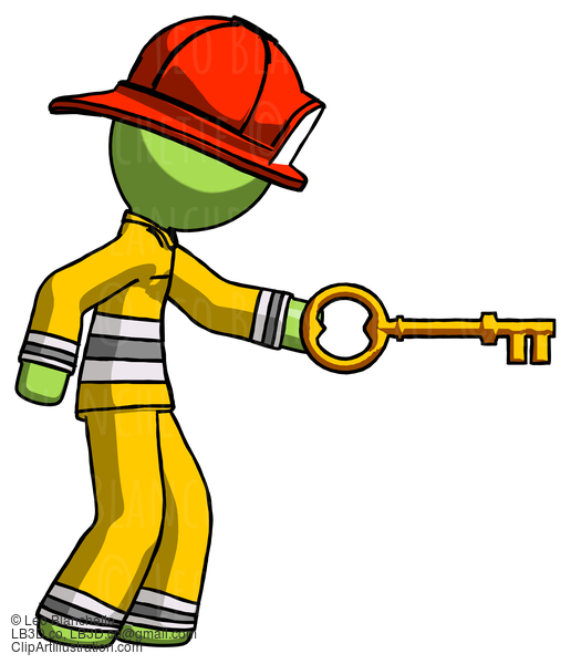 Green Firefighter Fireman Man With Big Key Of Gold Opening Something #13054