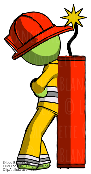 Green Firefighter Fireman Man Leaning Against Dynimate, Large Stick Ready To Blow #13055