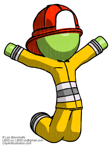 Green Firefighter Fireman Man Jumping Or Kneeling With Gladness #13056