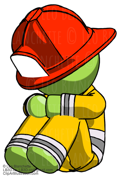 Green Firefighter Fireman Man Sitting With Head Down Facing Angle Left #13058