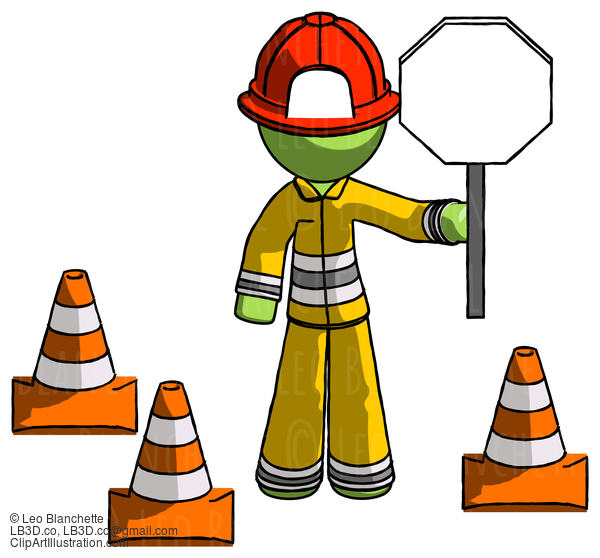 Green Firefighter Fireman Man Holding Stop Sign By Traffic Cones Under Construction Concept #13059