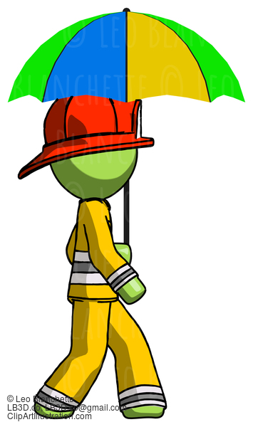 Green Firefighter Fireman Man Walking With Colored Umbrella #13060