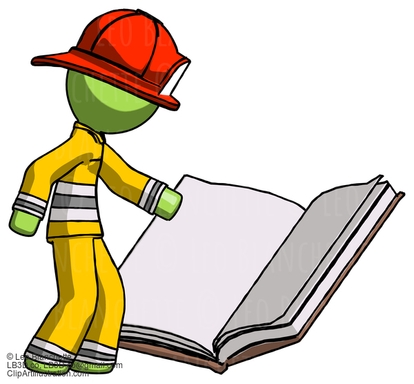 Green Firefighter Fireman Man Reading Big Book While Standing Beside It #13062