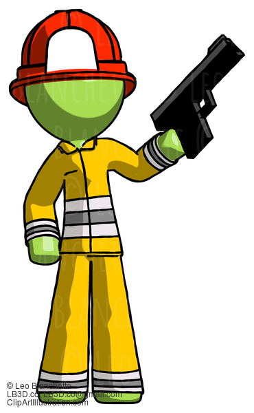 Green Firefighter Fireman Man Holding Handgun #13064