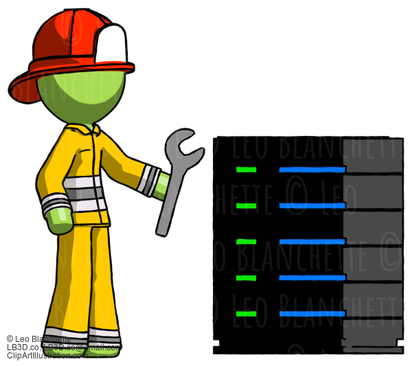 Green Firefighter Fireman Man Server Administrator Doing Repairs #13065