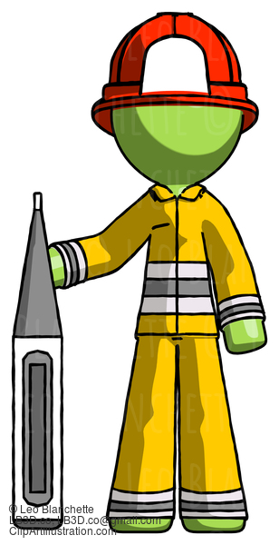 Green Firefighter Fireman Man Standing With Large Thermometer #13067