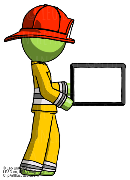 Green Firefighter Fireman Man Show Tablet Device Computer To Viewer, Blank Area #13069