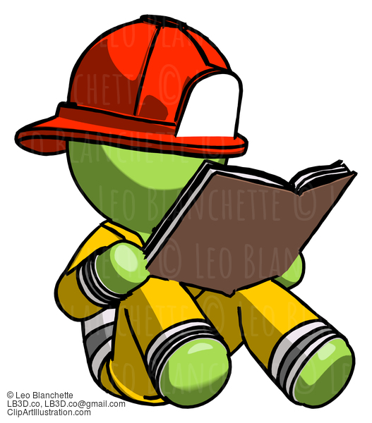 Green Firefighter Fireman Man Reading Book While Sitting Down #13071