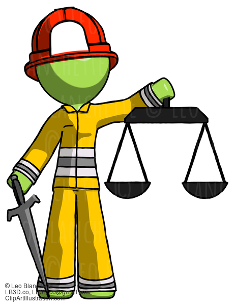 Green Firefighter Fireman Man Justice Concept With Scales And Sword, Justicia Derived #13074