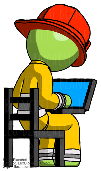 Green Firefighter Fireman Man Using Laptop Computer While Sitting In Chair View From Back #13078