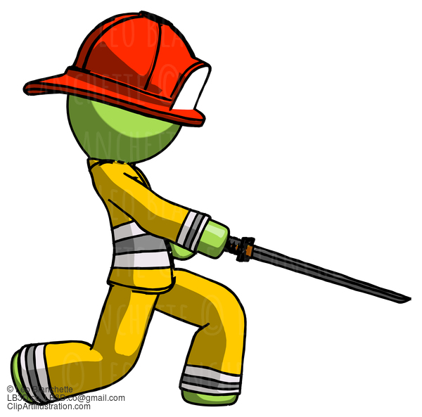 Green Firefighter Fireman Man With Ninja Sword Katana Slicing Or Striking Something #13079