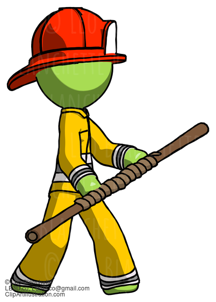 Green Firefighter Fireman Man Holding Bo Staff In Sideways Defense Pose #13082