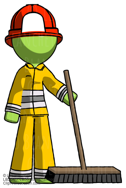 Green Firefighter Fireman Man Standing With Industrial Broom #13083