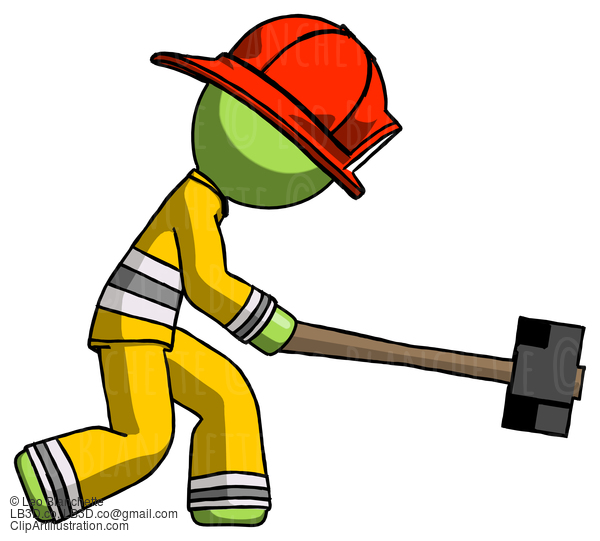 Green Firefighter Fireman Man Hitting With Sledgehammer, Or Smashing Something #13084