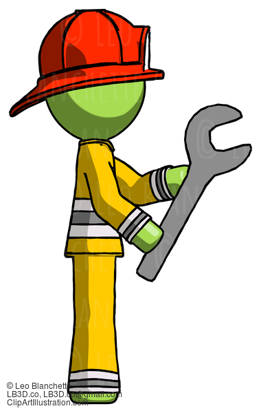Green Firefighter Fireman Man Using Wrench Adjusting Something To Right #13087