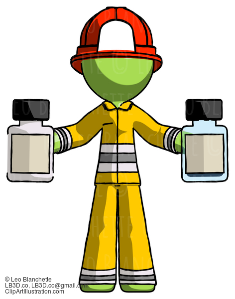 Green Firefighter Fireman Man Holding Two Medicine Bottles #13091