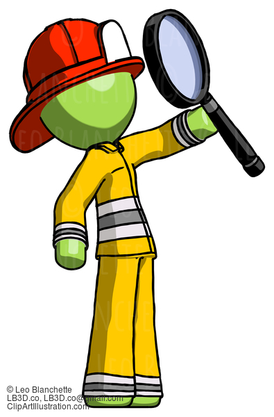 Green Firefighter Fireman Man Inspecting With Large Magnifying Glass Facing Up #13092