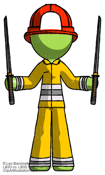 Green Firefighter Fireman Man Posing With Two Ninja Sword Katanas Up #13096