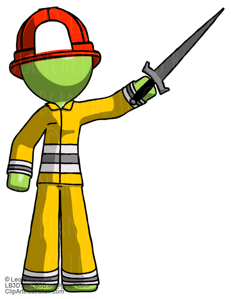 Green Firefighter Fireman Man Holding Sword In The Air Victoriously #13097