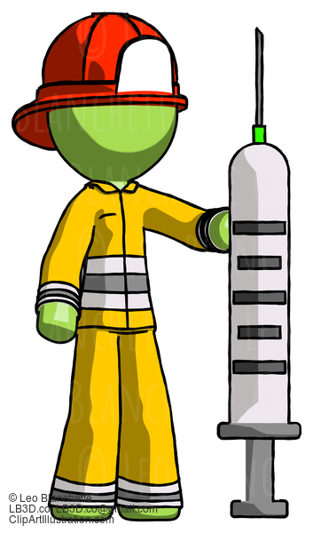 Green Firefighter Fireman Man Holding Large Syringe #13103