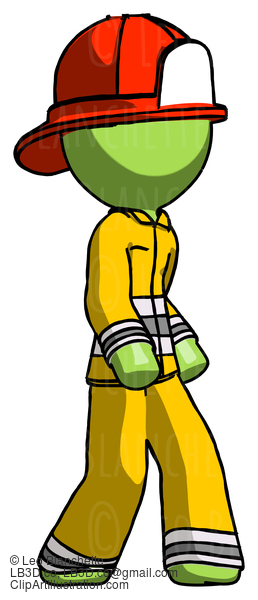 Green Firefighter Fireman Man Walking Turned Right Front View #13104