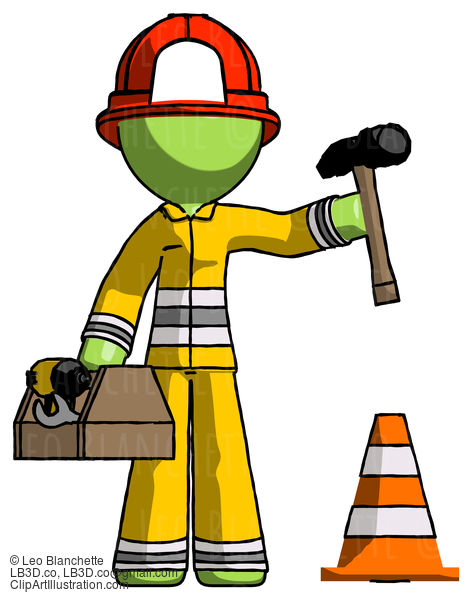 Green Firefighter Fireman Man Under Construction Concept, Traffic Cone And Tools #13109