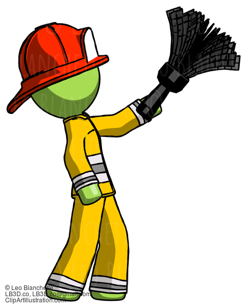 Green Firefighter Fireman Man Dusting With Feather Duster Upwards #13110