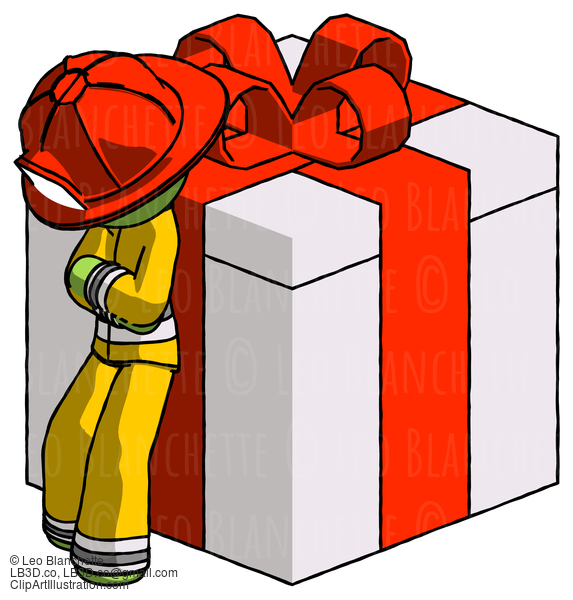 Green Firefighter Fireman Man Leaning On Gift With Red Bow Angle View #13113