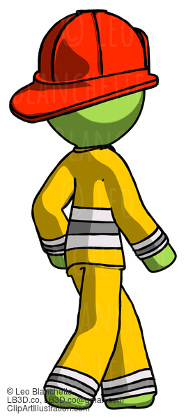 Green Firefighter Fireman Man Walking Away Direction Right View #13115