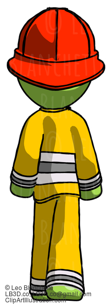 Green Firefighter Fireman Man Walking Away, Back View #13120