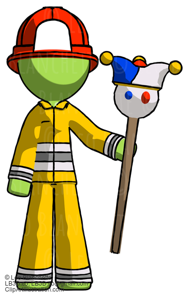 Green Firefighter Fireman Man Holding Jester Staff #13121