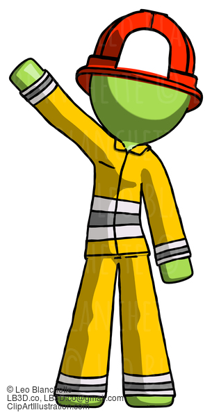 Green Firefighter Fireman Man Waving Emphatically With Right Arm #13123