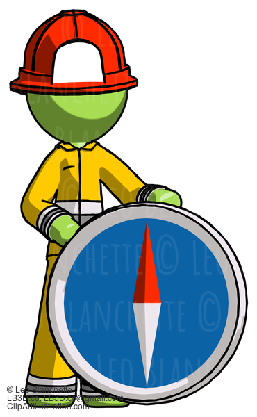 Green Firefighter Fireman Man Standing Beside Large Compass #13125