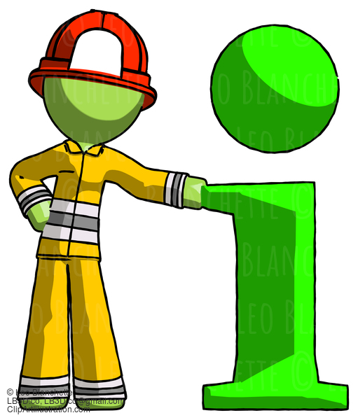 Green Firefighter Fireman Man With Info Symbol Leaning Up Against It #13126