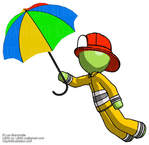 Green Firefighter Fireman Man Flying With Rainbow Colored Umbrella #13127