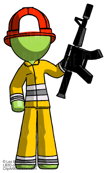 Green Firefighter Fireman Man Holding Automatic Gun #13128