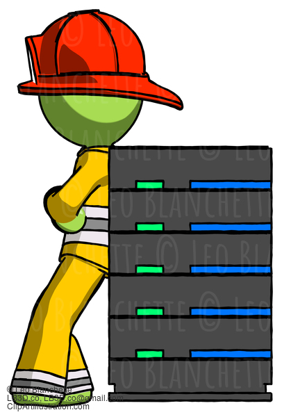 Green Firefighter Fireman Man Resting Against Server Rack #13129