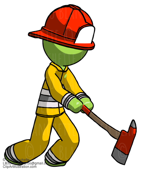 Green Firefighter Fireman Man Striking With A Red Firefighter’S Ax #13133