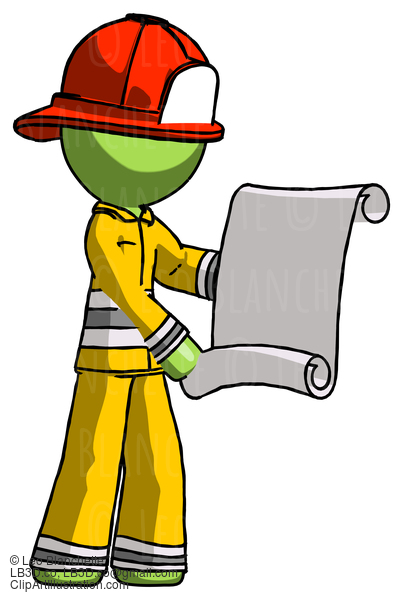 Green Firefighter Fireman Man Holding Blueprints Or Scroll #13137