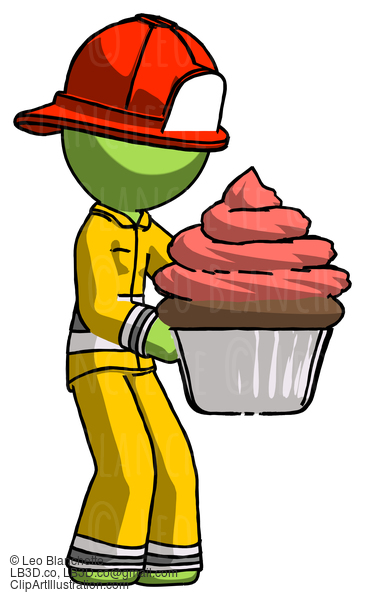 Green Firefighter Fireman Man Holding Large Cupcake Ready To Eat Or Serve #13138