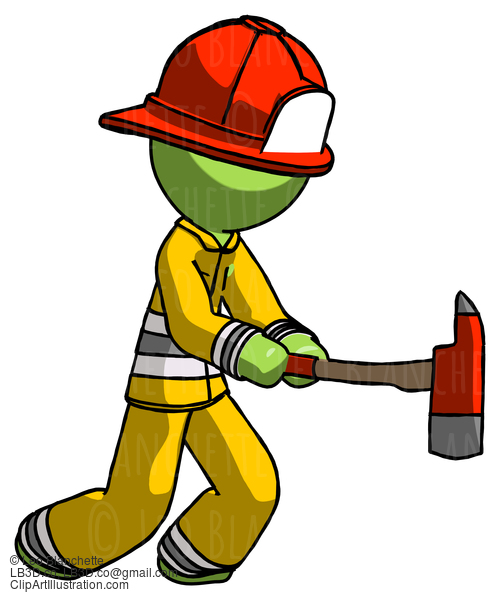 Green Firefighter Fireman Man With Ax Hitting, Striking, Or Chopping #13139