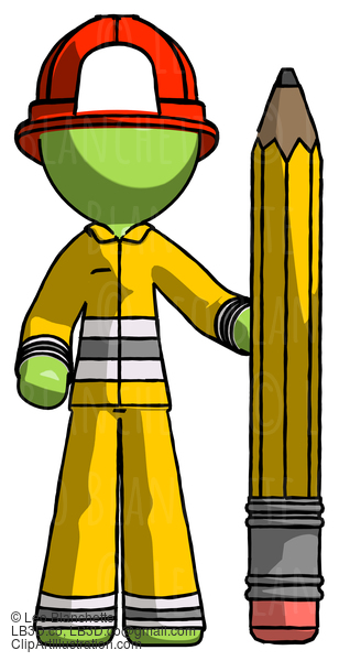 Green Firefighter Fireman Man With Large Pencil Standing Ready To Write #13141
