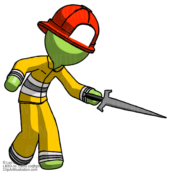 Green Firefighter Fireman Man Sword Pose Stabbing Or Jabbing #13143