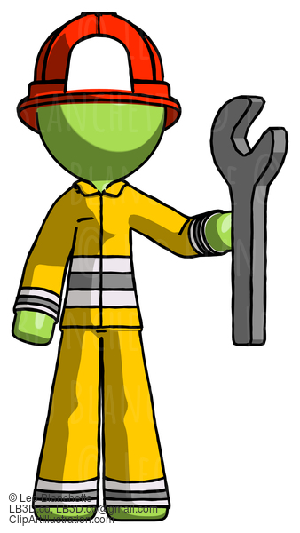 Green Firefighter Fireman Man Holding Wrench Ready To Repair Or Work #13144