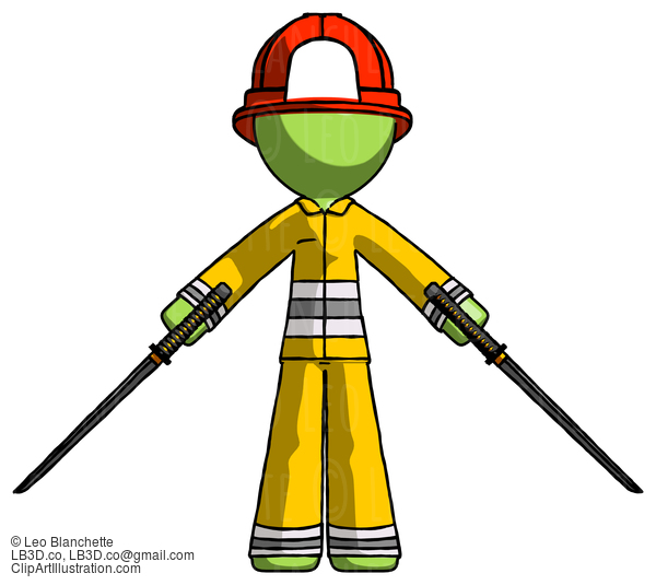 Green Firefighter Fireman Man Posing With Two Ninja Sword Katanas #13145