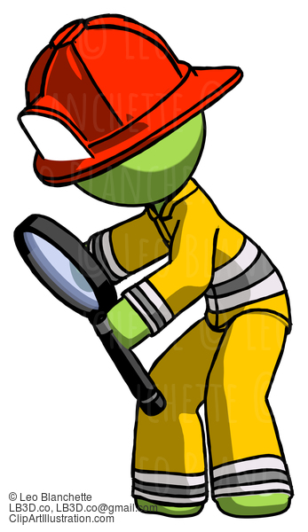 Green Firefighter Fireman Man Inspecting With Large Magnifying Glass Left #13146