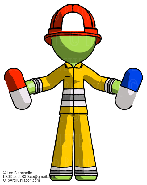 Green Firefighter Fireman Man Holding A Red Pill And Blue Pill #13147