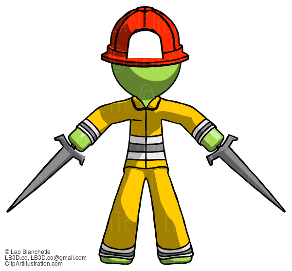 Green Firefighter Fireman Man Two Sword Defense Pose #13149