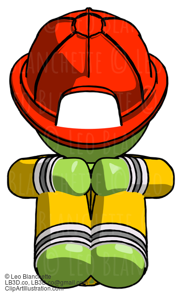 Green Firefighter Fireman Man Sitting With Head Down Facing Forward #13152