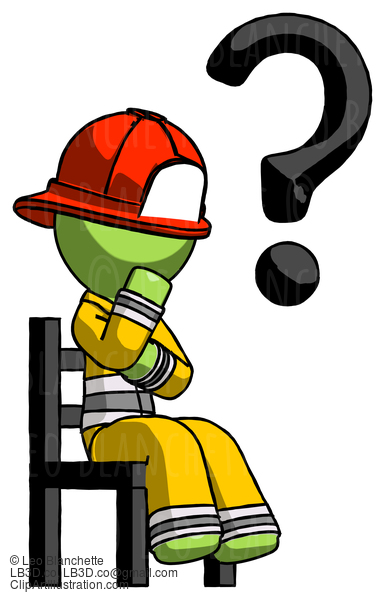 Green Firefighter Fireman Man Question Mark Concept, Sitting On Chair Thinking #13153